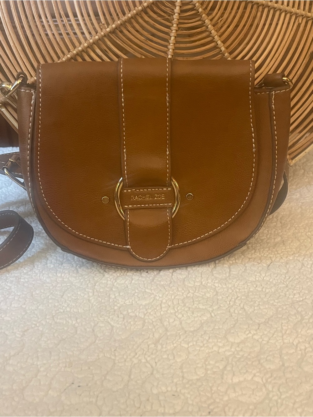 Rachel Zoe Brown Faux Leather Saddle Crossbody Bag Leopard Lining Gold Tone